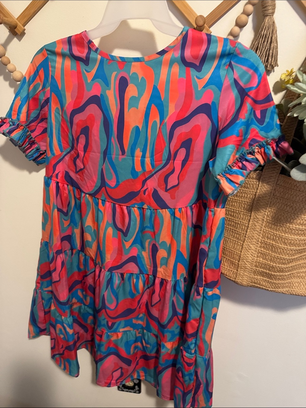 SHEIN Bright Blue Pink Orange Abstract Print Tiered Tunic